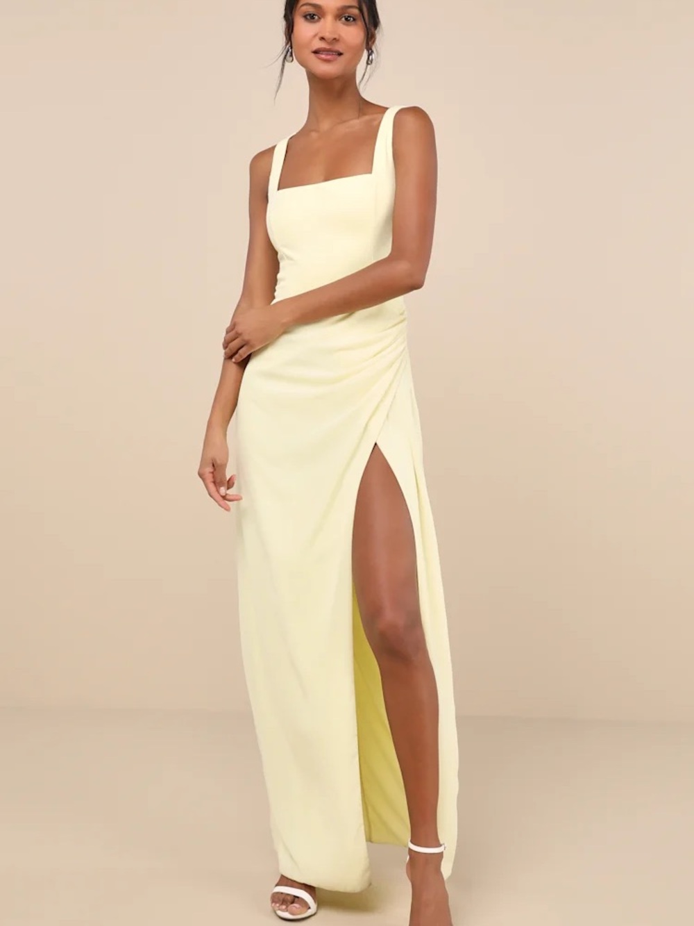 Lulu's Pale Yellow Square-Neck Side-Slit Maxi Dress